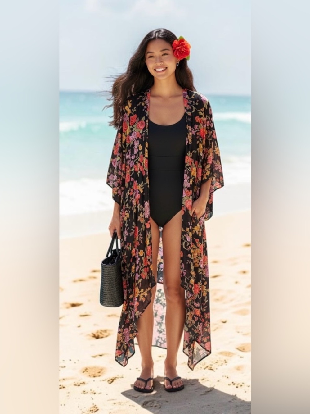 Patrons of Peace Black One-Piece Swimsuit with Floral Sheer Cover-Up